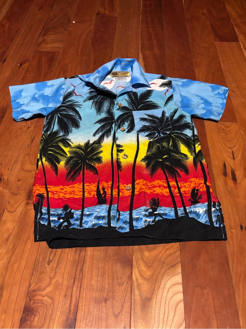 Two Boys Button Down  Surf Tropical Sunset Hawaiian Shirt and Plain Purple